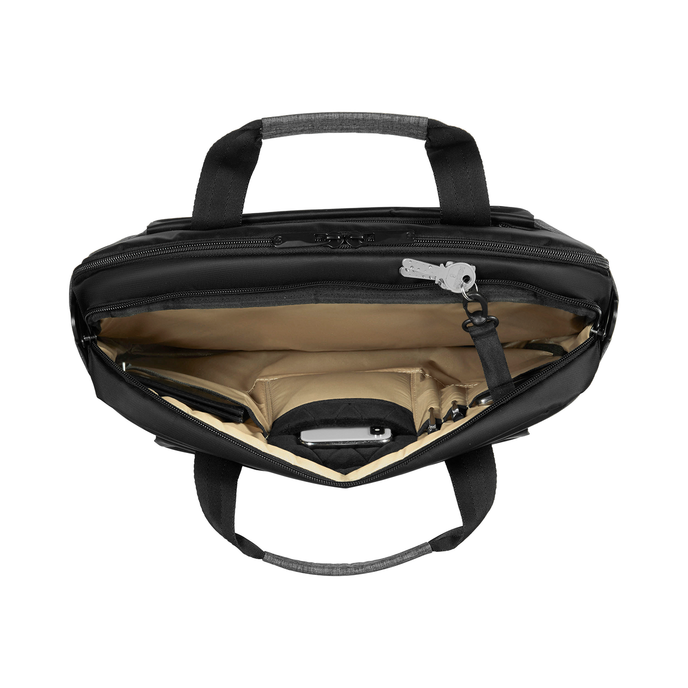 Black bag with open zipper, key, and contents visible inside the bag.