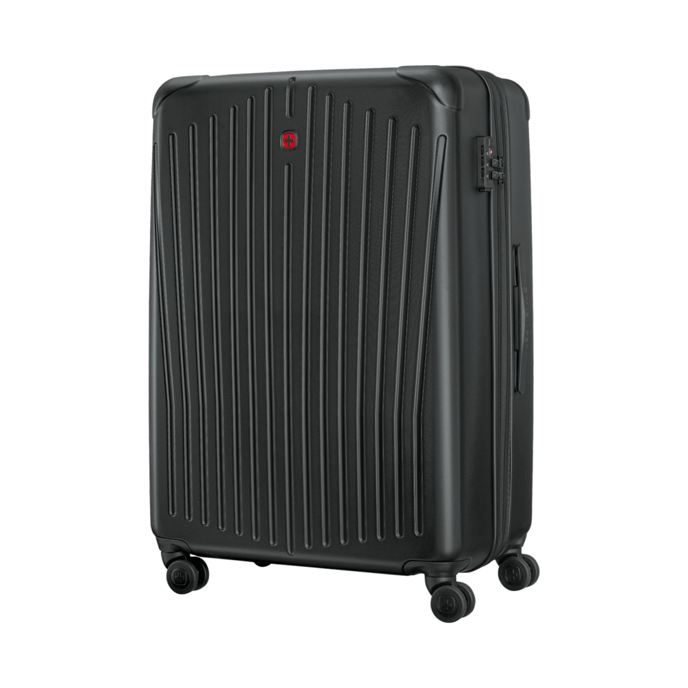 Black suitcase with vertical lines and wheels, isolated on a white background.