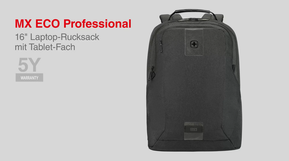 Black backpack with red text and a 5-year warranty.