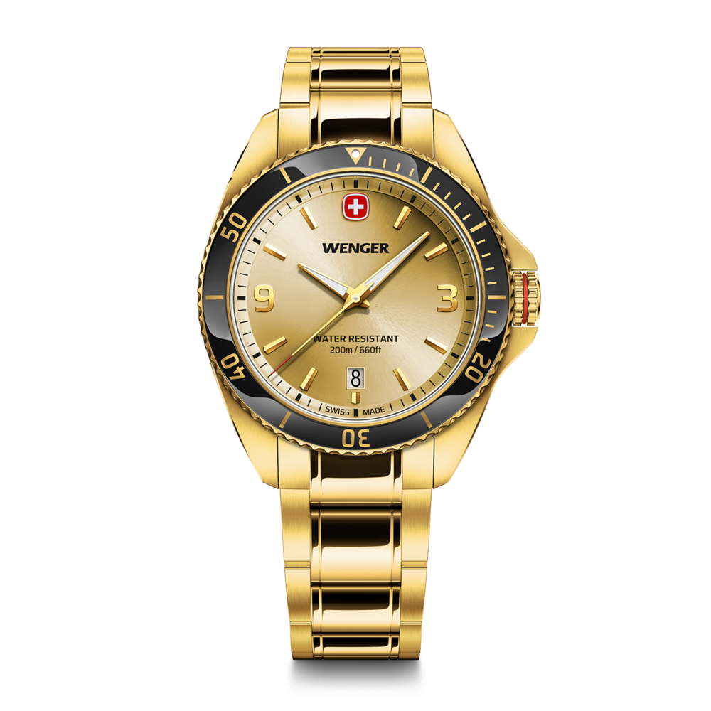 Golden Wenger watch with black bezel, date display, and Swiss Made inscription.