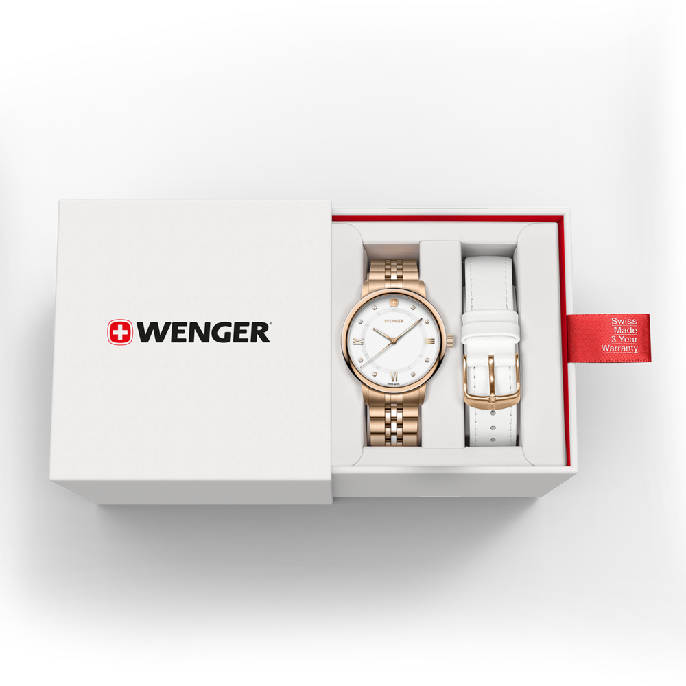 A Wenger watch with two straps in a white gift box.