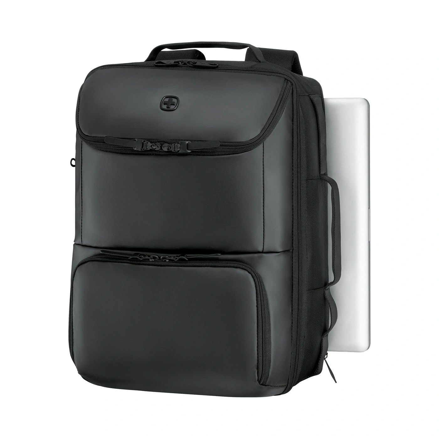 Black backpack with laptop compartment and zippers