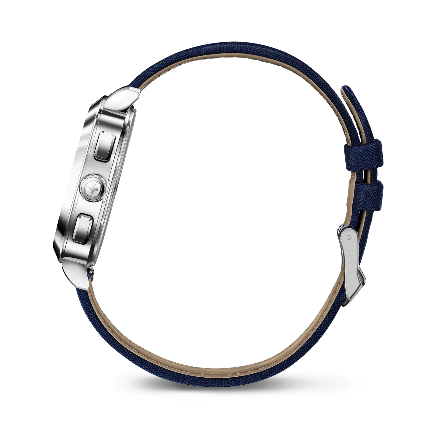 Uhr mit blauem Stoffarmband und silbernem Gehäuse, Seitenansicht