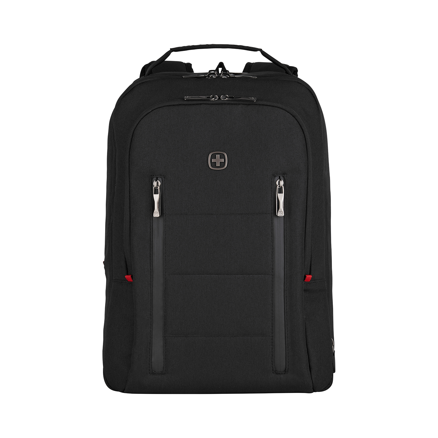 Black backpack with zippers and logo on a black background, front view.