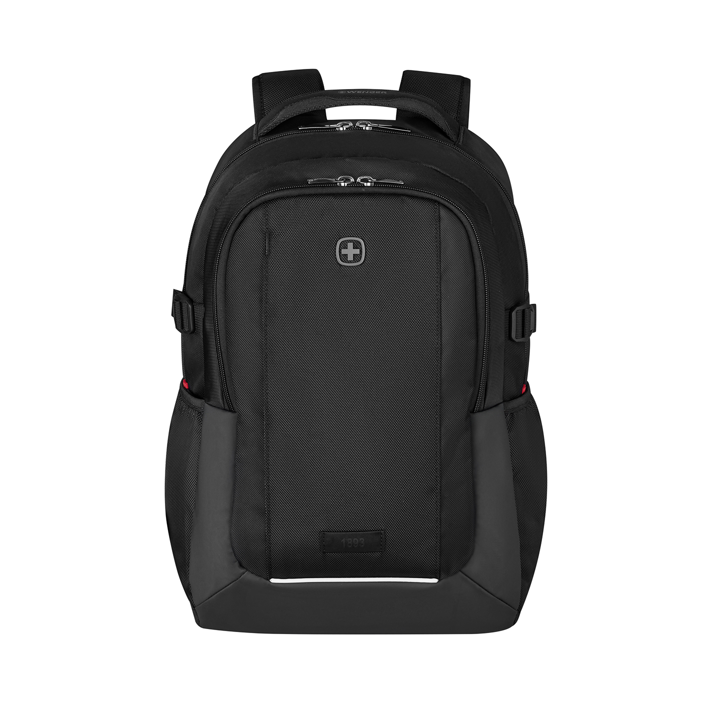 Black backpack with logo and zippers, perfect for everyday use and travel.