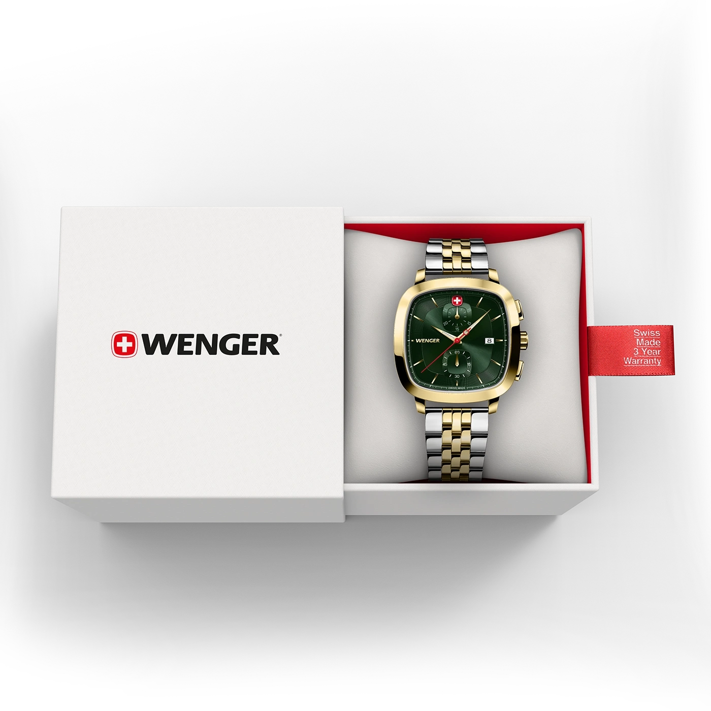 Wenger Uhr in einer Box. Goldfarbenes Zifferblatt und Armband. Schweizer Qualität.