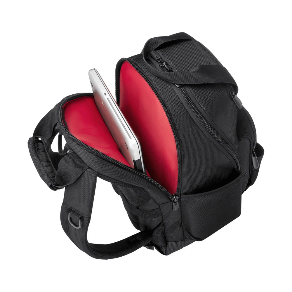 Black backpack with red lining and laptop inside