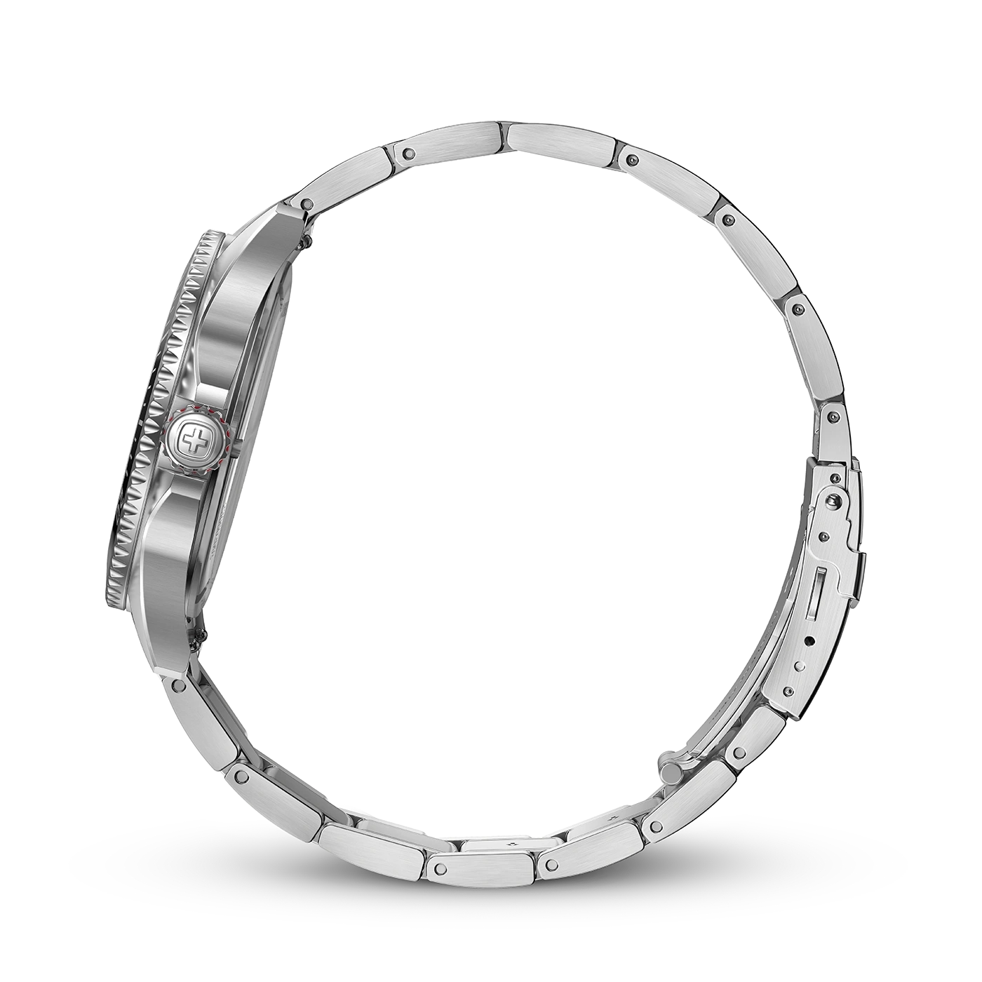 Stainless steel wristwatch with silver case and black background