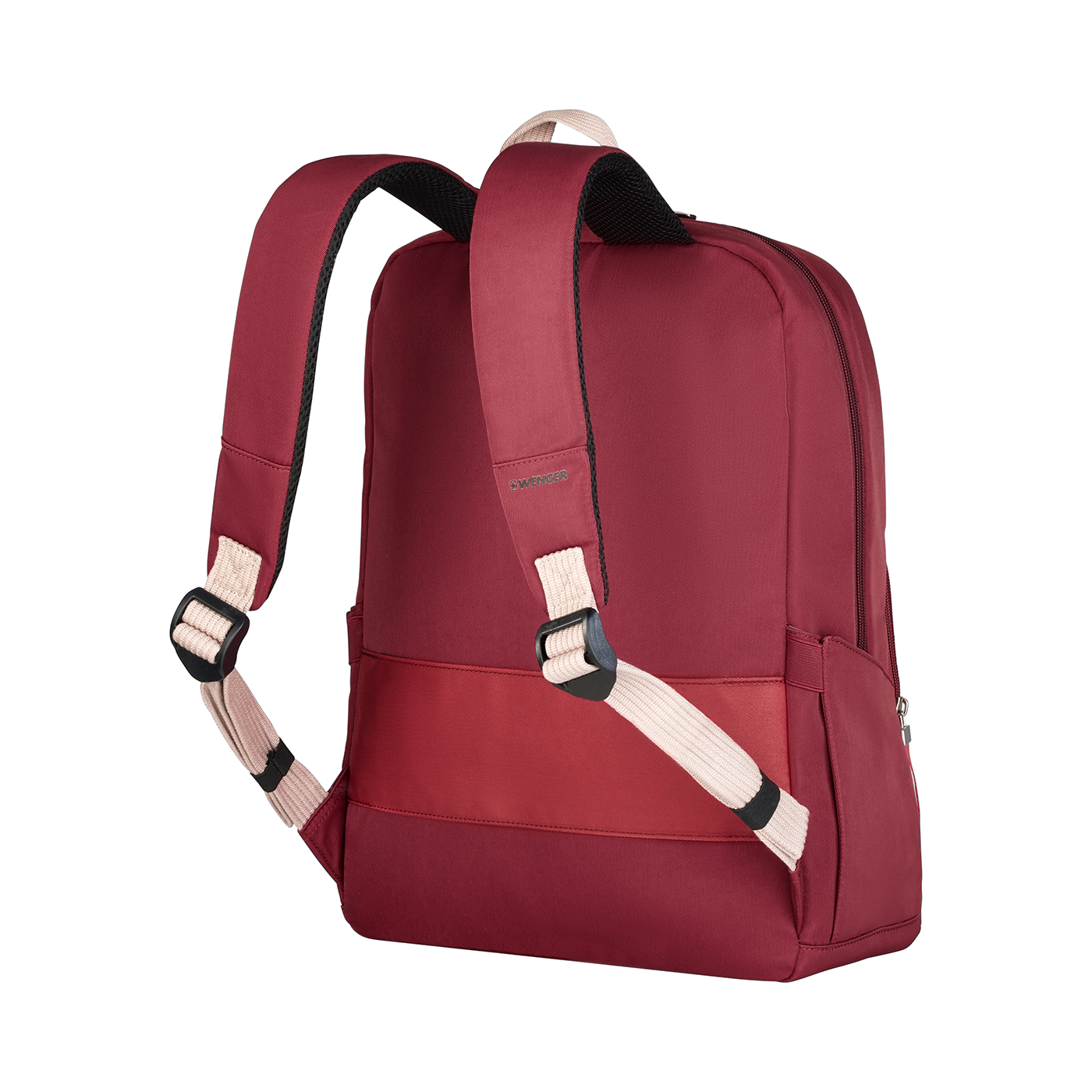 Red backpack with light straps on black background, Wenger logo visible.