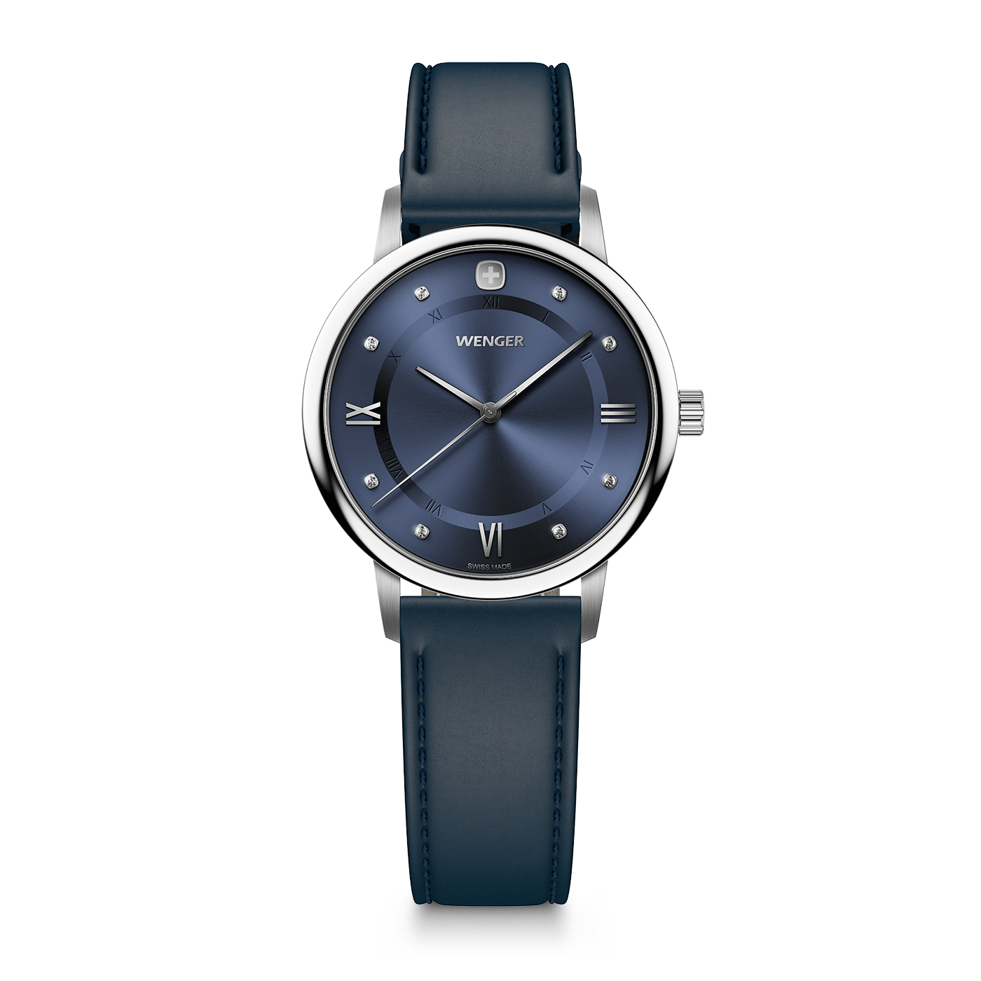 A blue Wenger wristwatch with a silver case and silver hands.