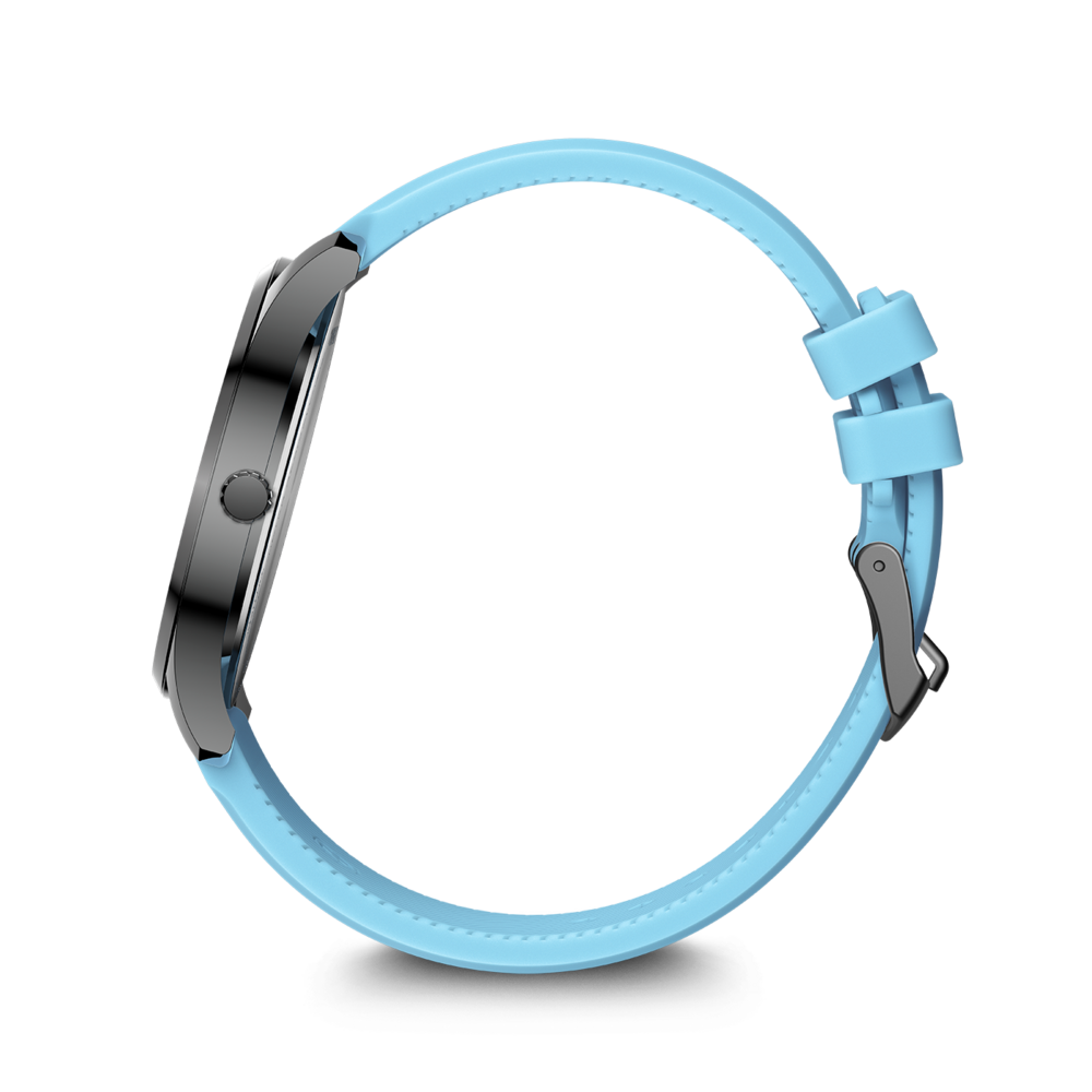 A light blue smartwatch with a silver casing and a blue silicone strap against a white background.