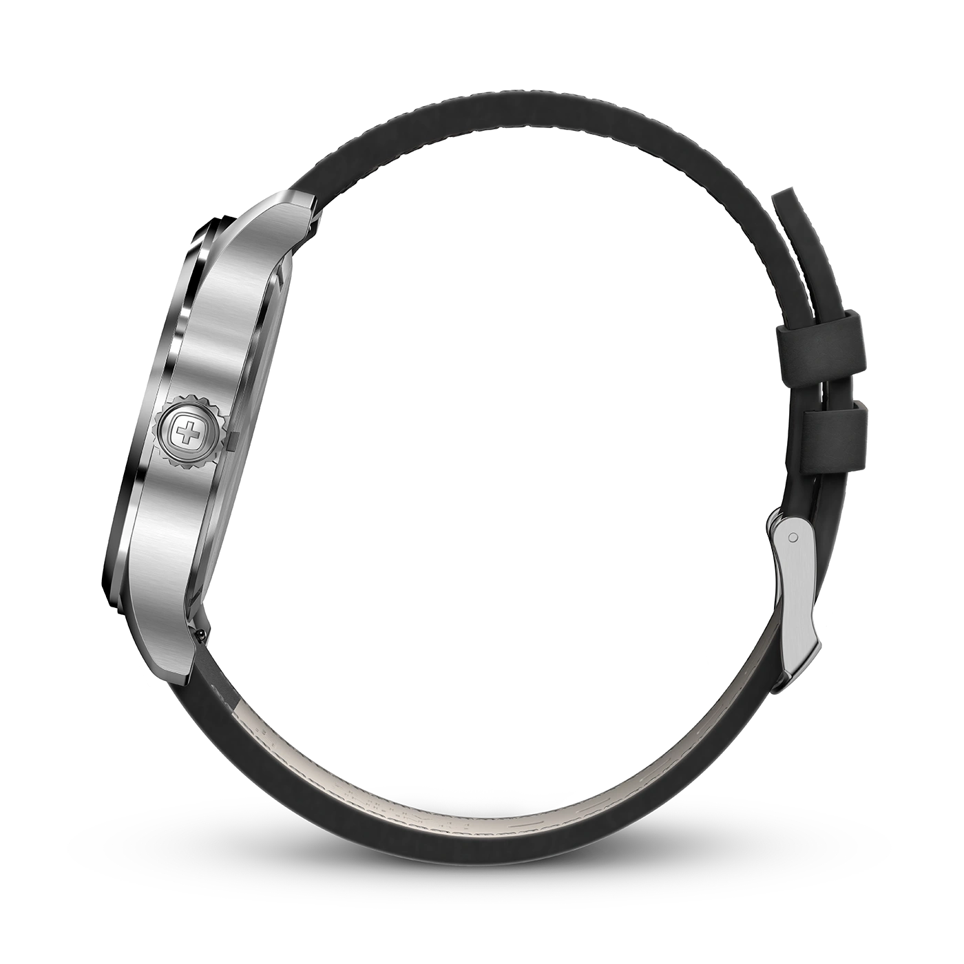 Watch with black leather strap, side view, isolated on black background