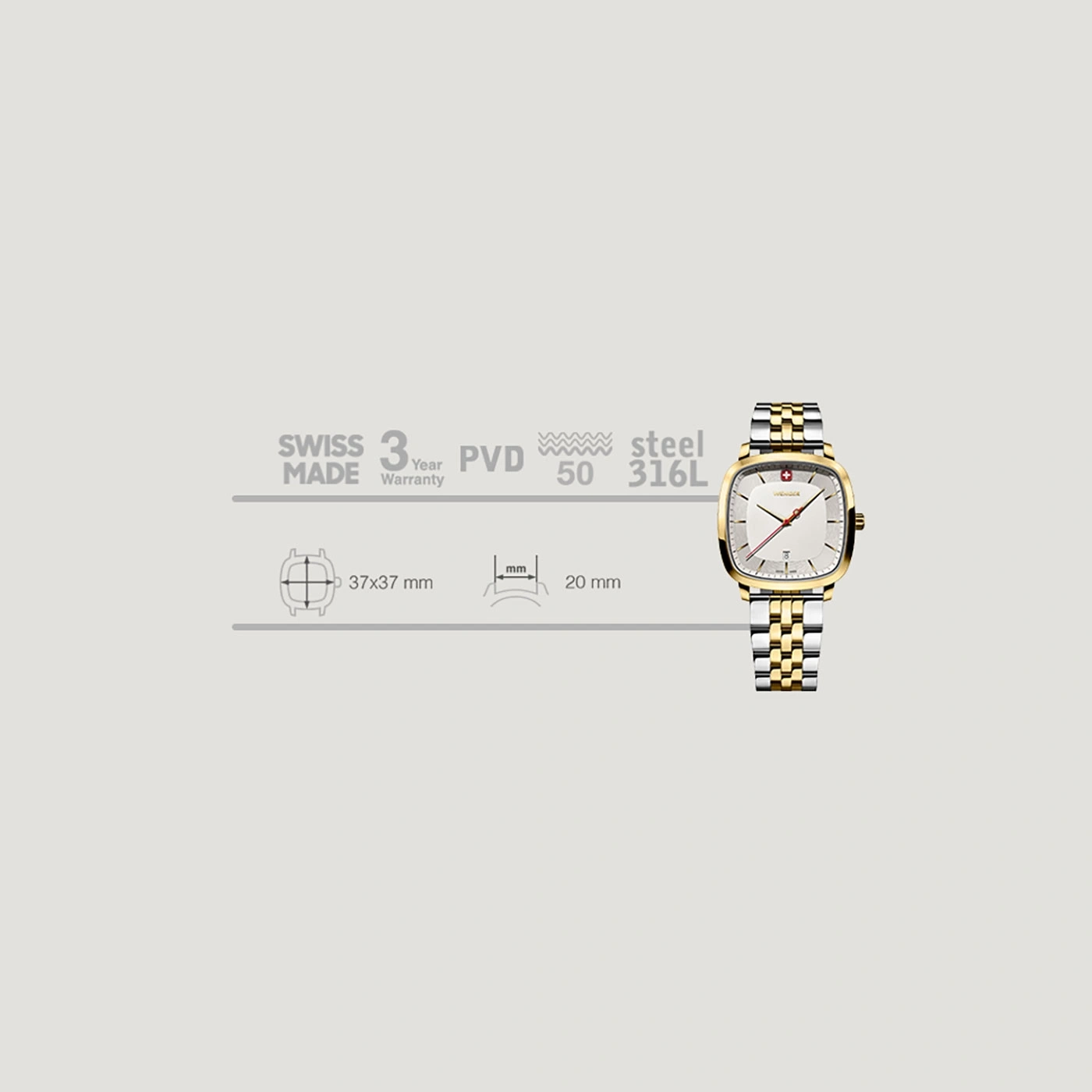 Watch with gold accents, steel bracelet, 37x37mm case, 20mm band width, Swiss Made.