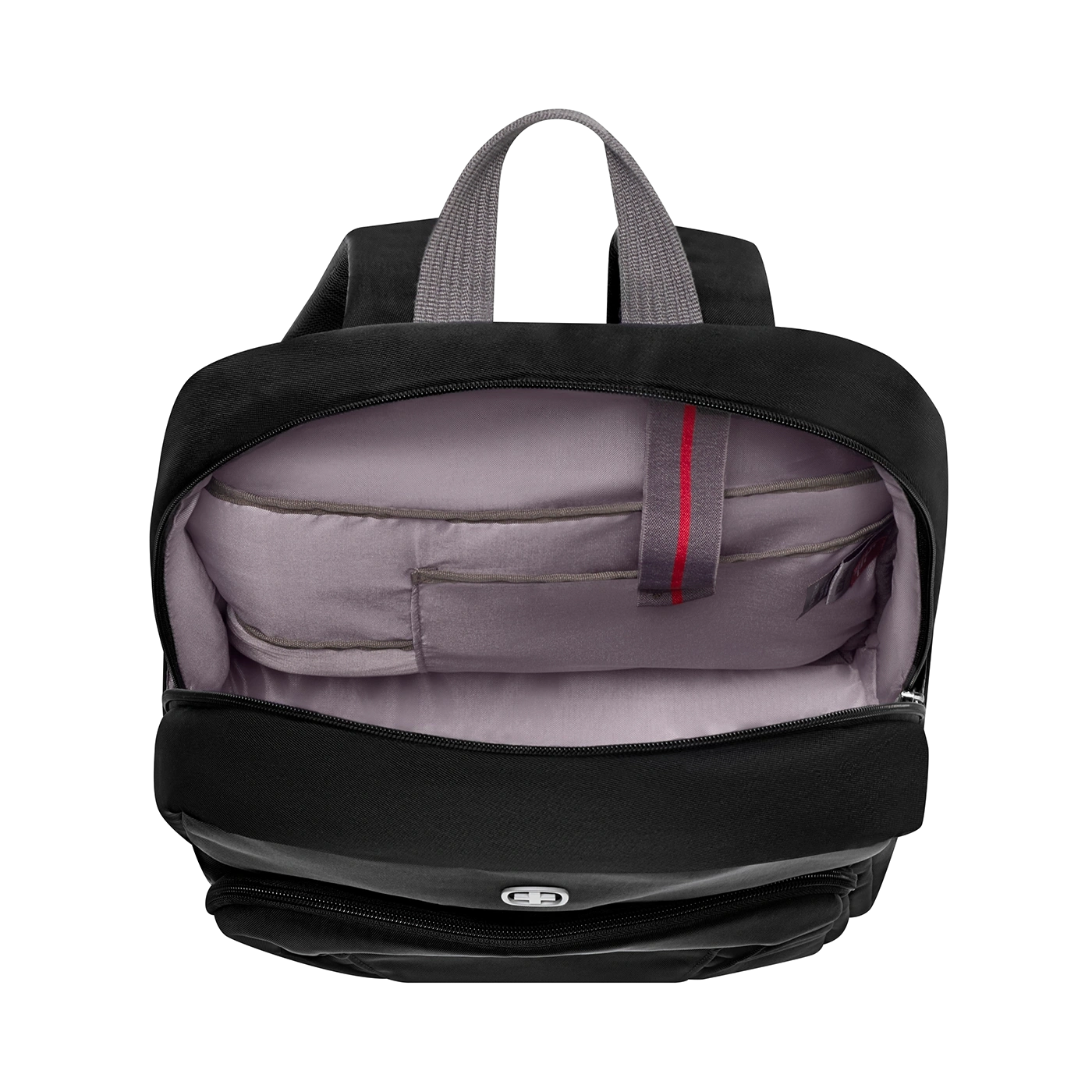 Black backpack, open, with gray interior and red detail, on black background