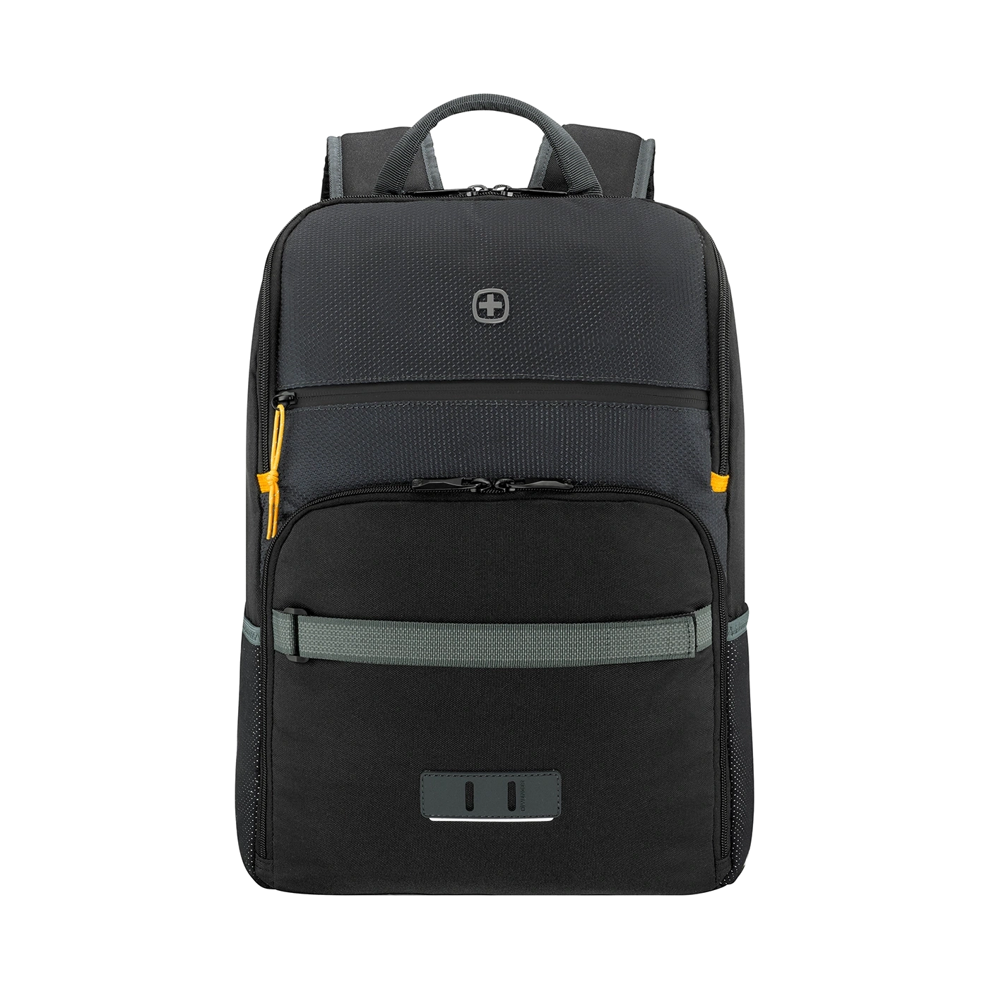 Black backpack with gray accents and logo on a black background, modern design.