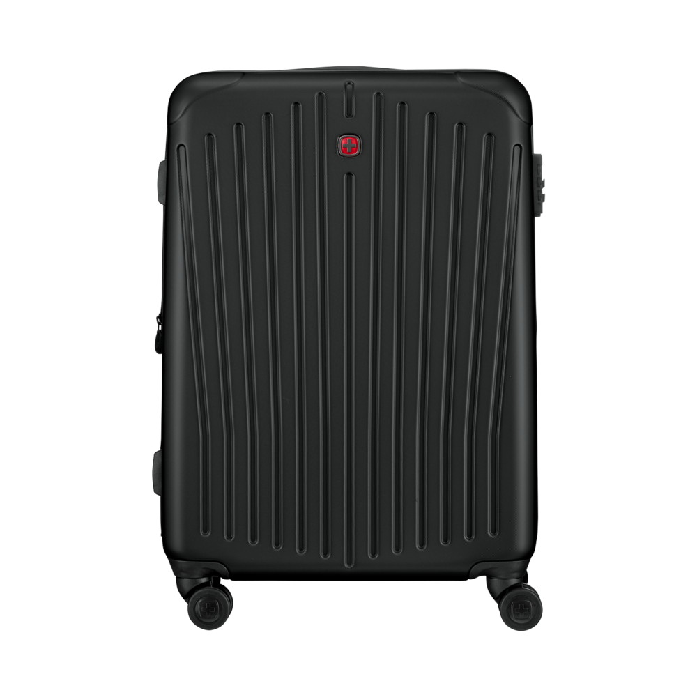 Black suitcase with vertical lines and wheels, isolated on white background