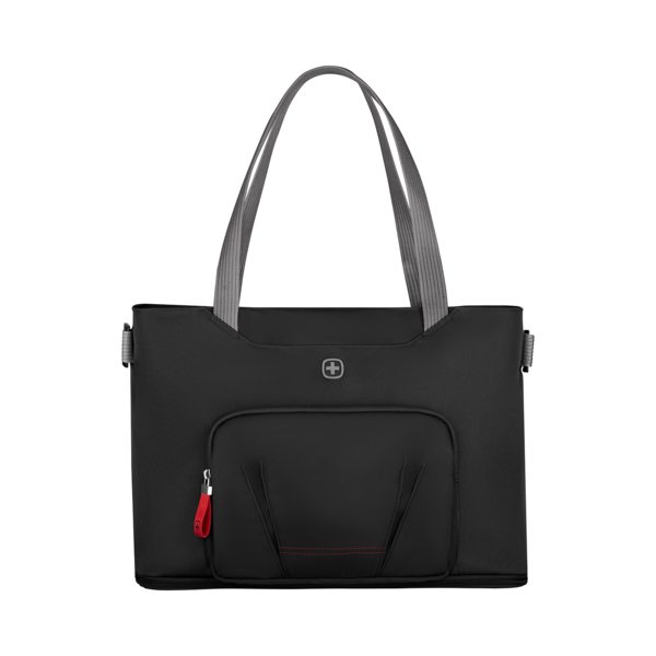 Black tote bag with red zipper and gray handle isolated on black background