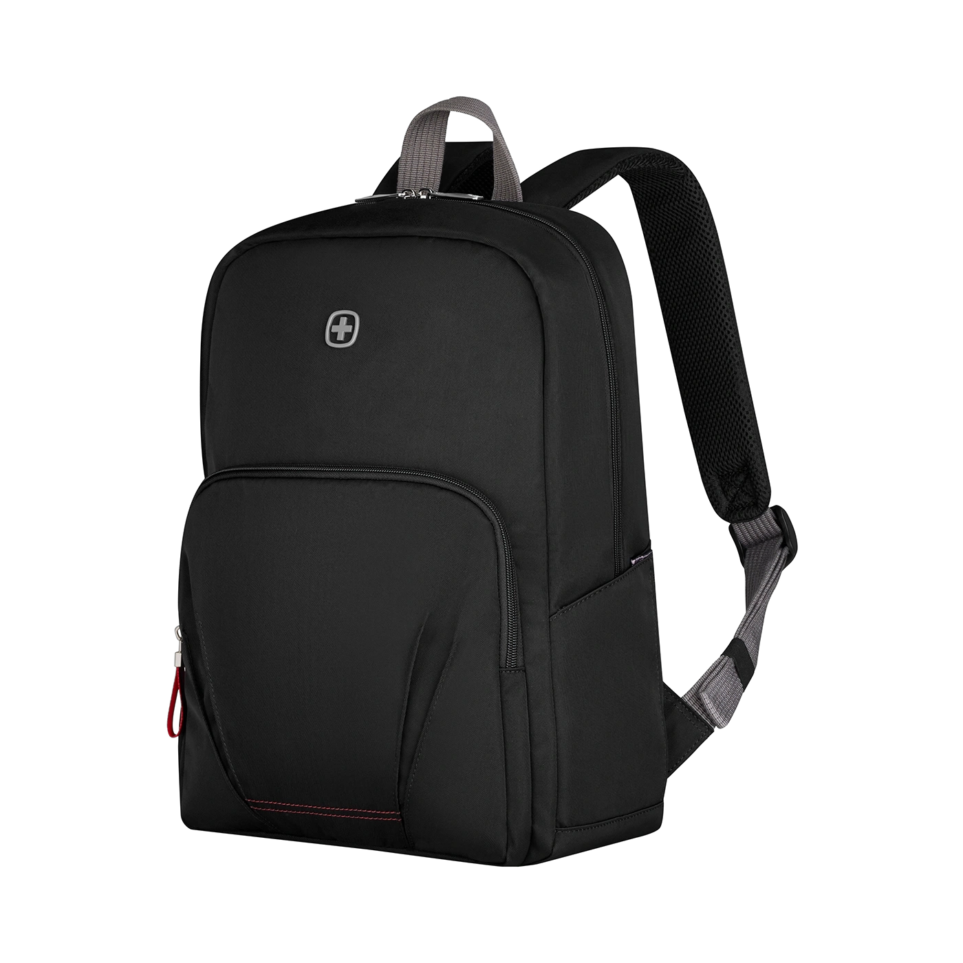 Black backpack with red stitching and logo on a black background.