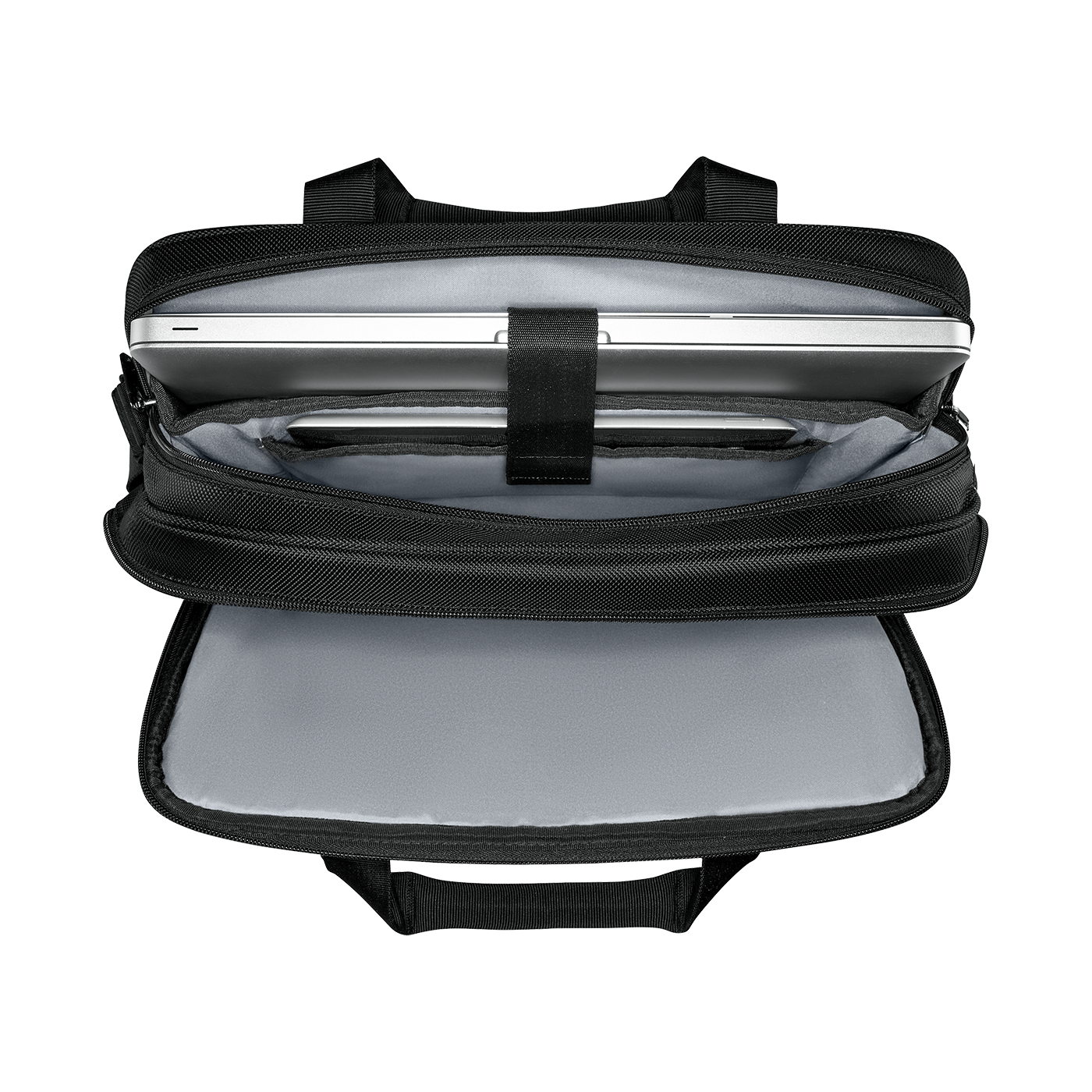 Black laptop bag, open, with laptop inside, and gray interior.