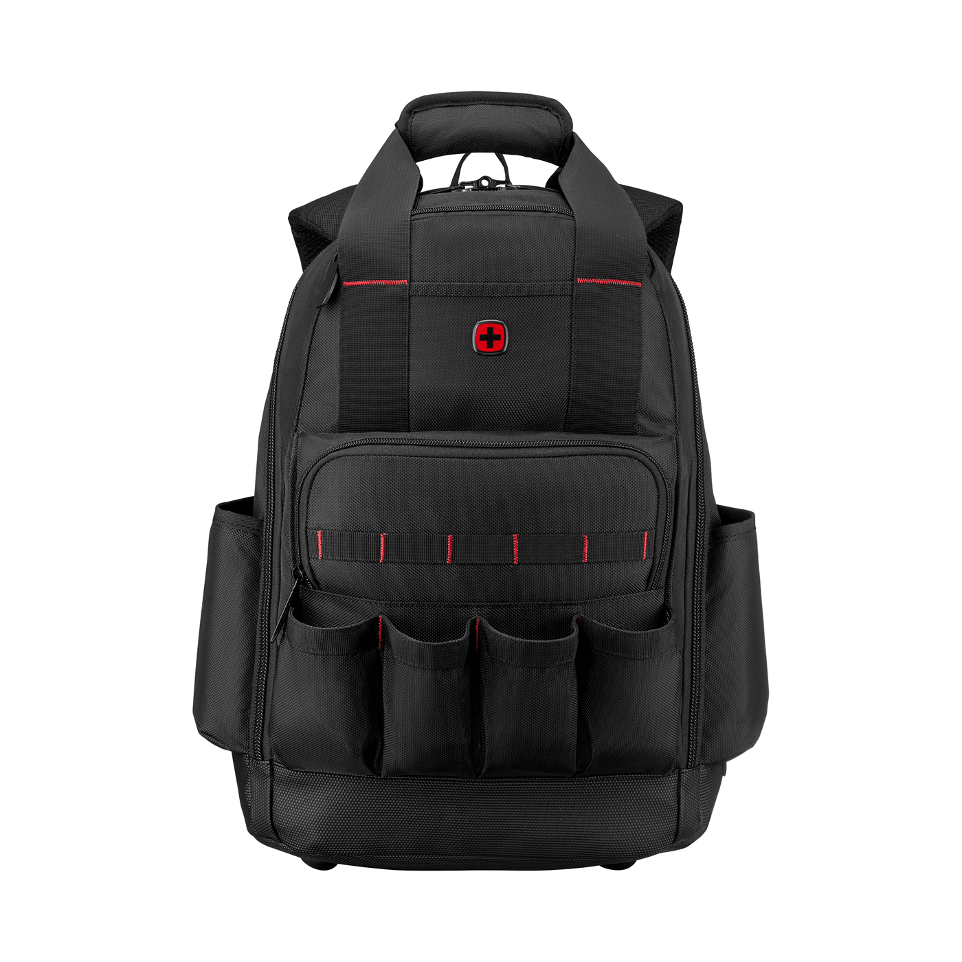 Black tool backpack with red accents and multiple pockets.