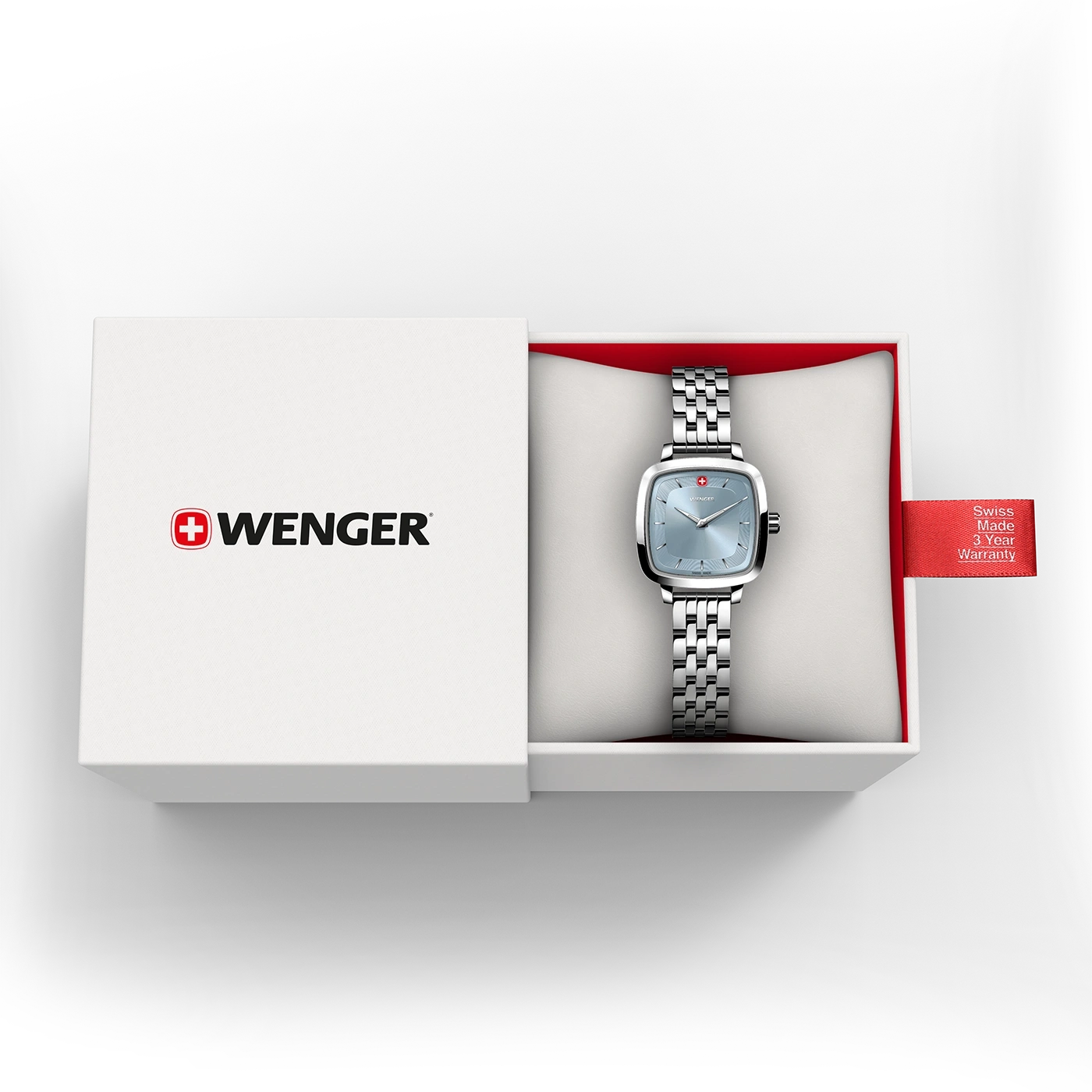 Wenger Uhr in einer Box mit rotem Etikett und 3 Jahren Garantie.
