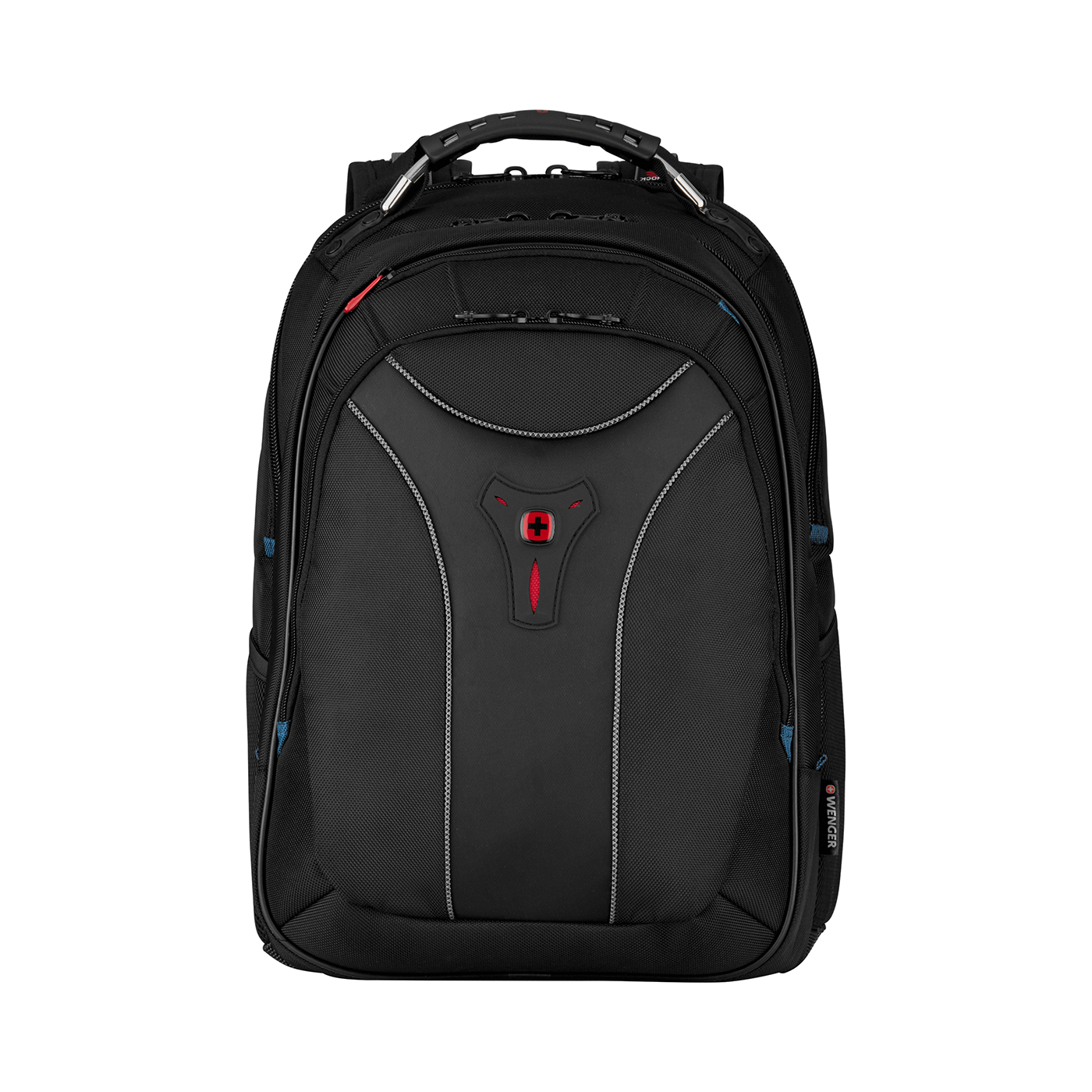 Black backpack with red accents and a Swiss cross logo on the front