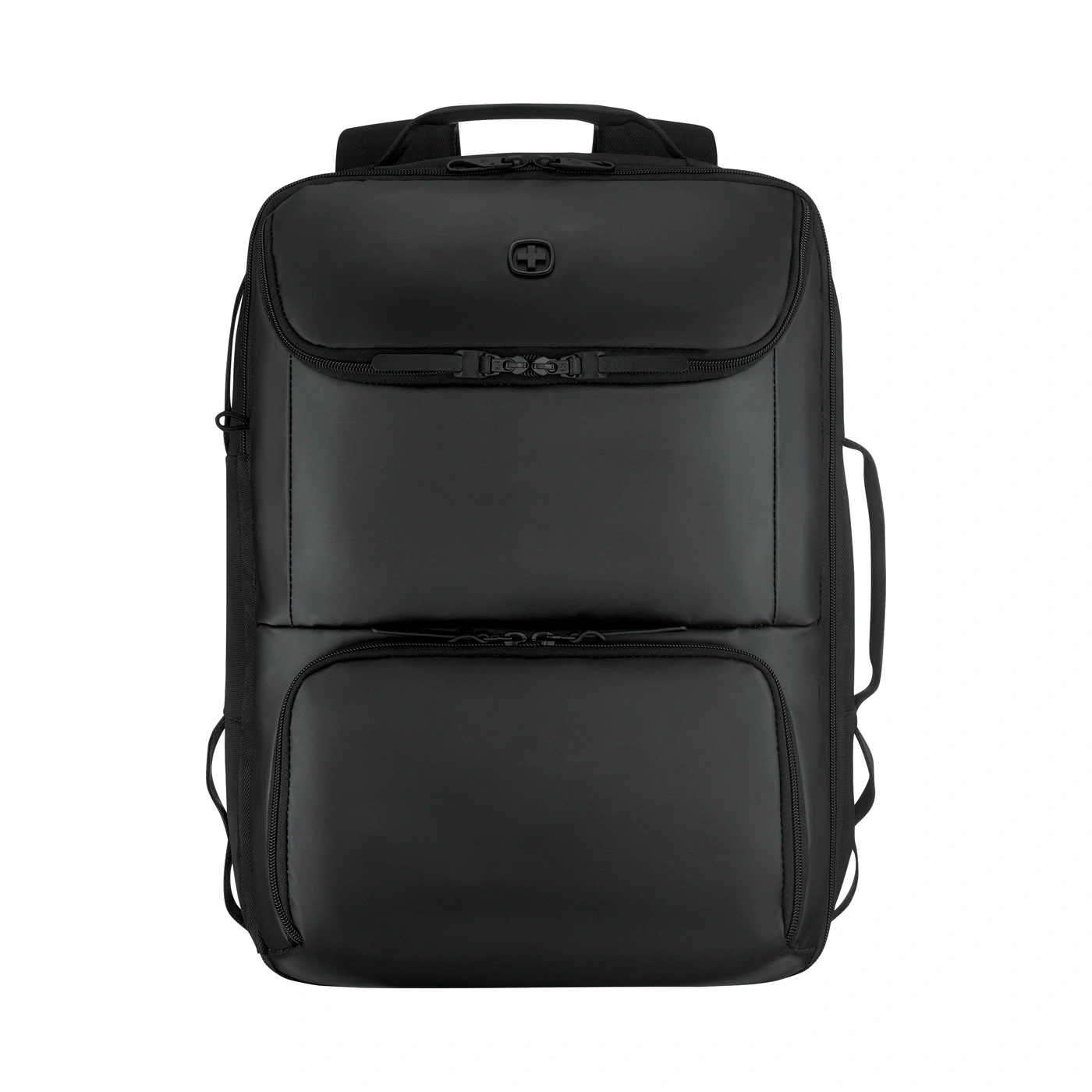 Black backpack with zippered pockets and a logo.