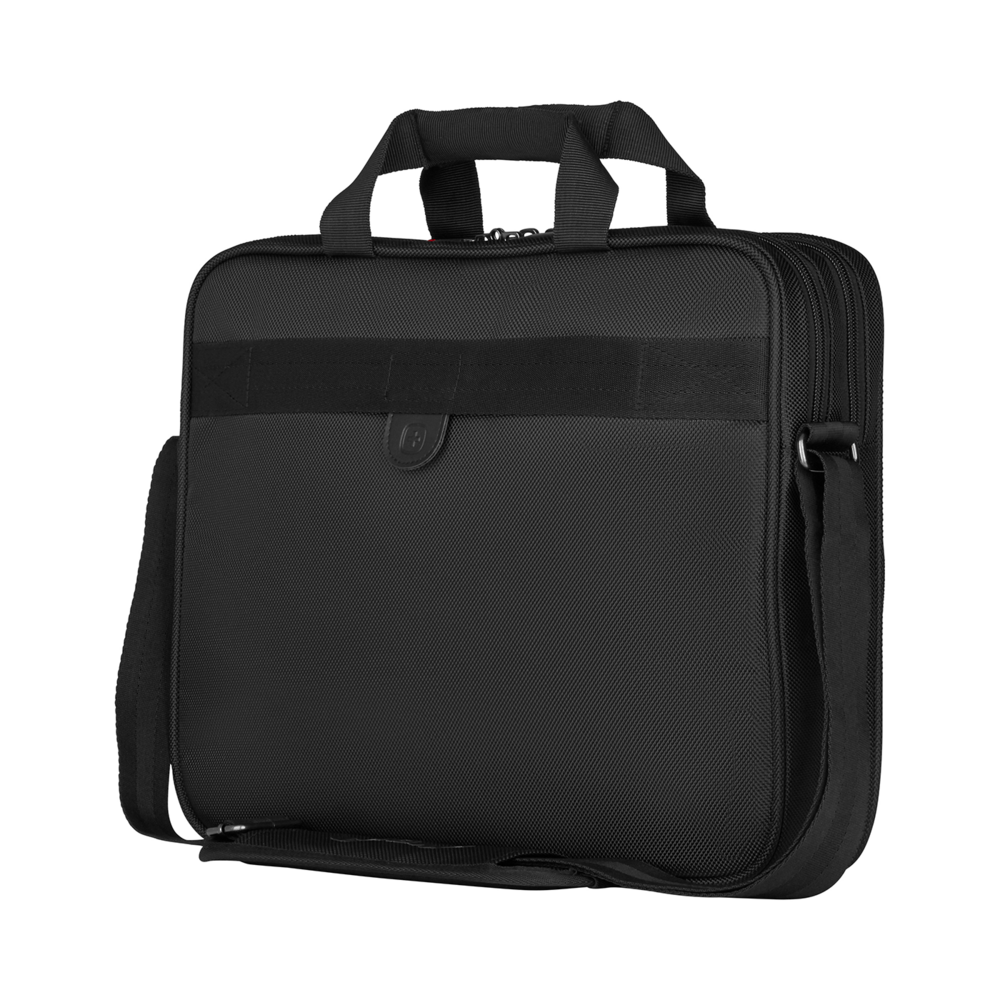Black briefcase with handle and shoulder strap isolated on black background