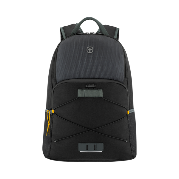 Black backpack with yellow accents and logo on a black background.