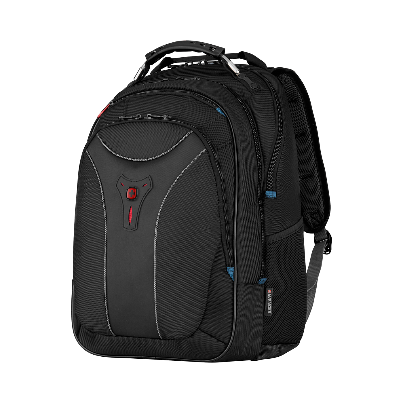Black backpack with red accents and Wenger logo, perfect for travel and everyday use.