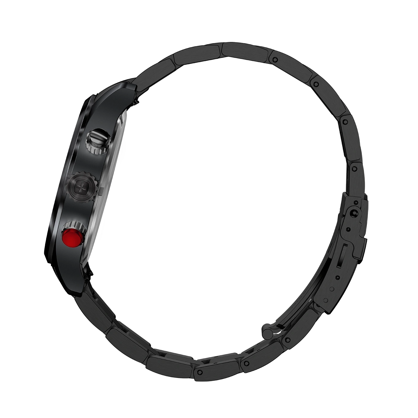 Black watch with red button and bracelet, side view, isolated on white