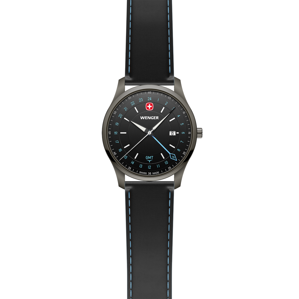 A black Wenger watch with blue stitching and GMT function.