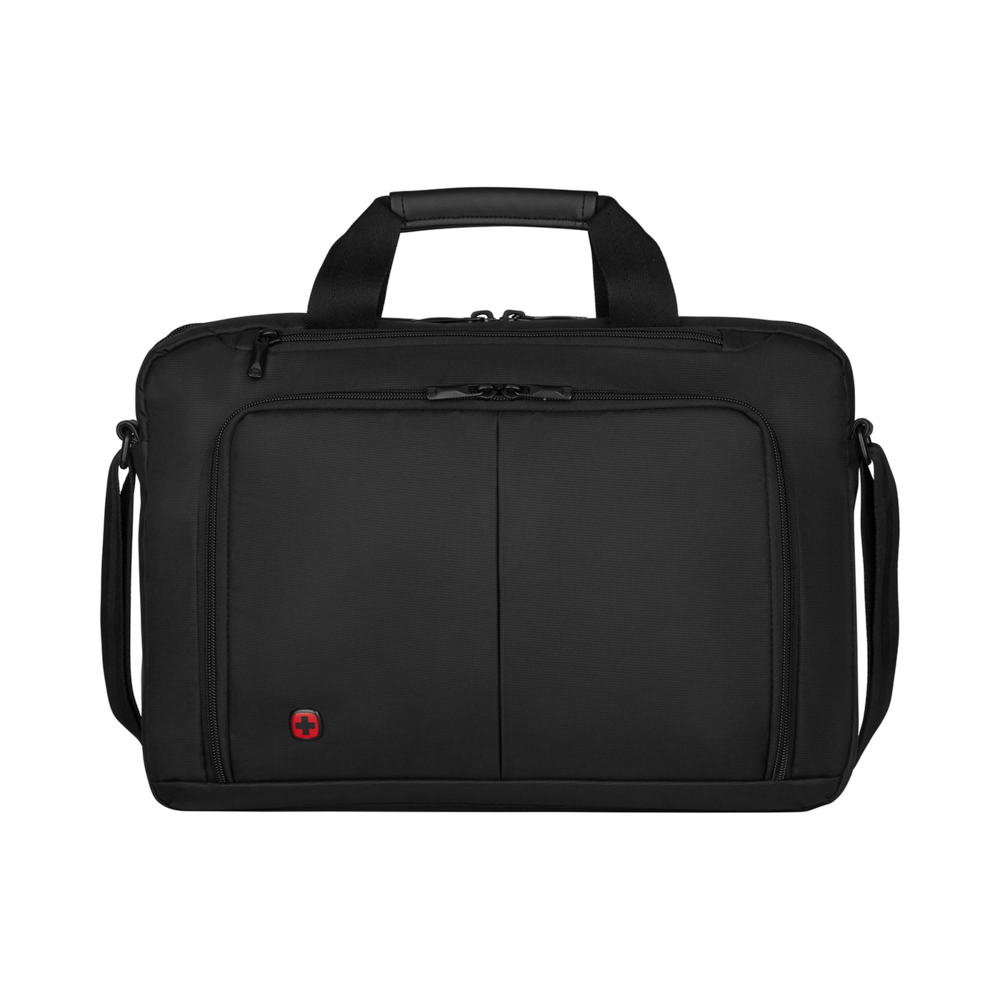 Black briefcase with red logo, zippers, and handles, isolated on black background.