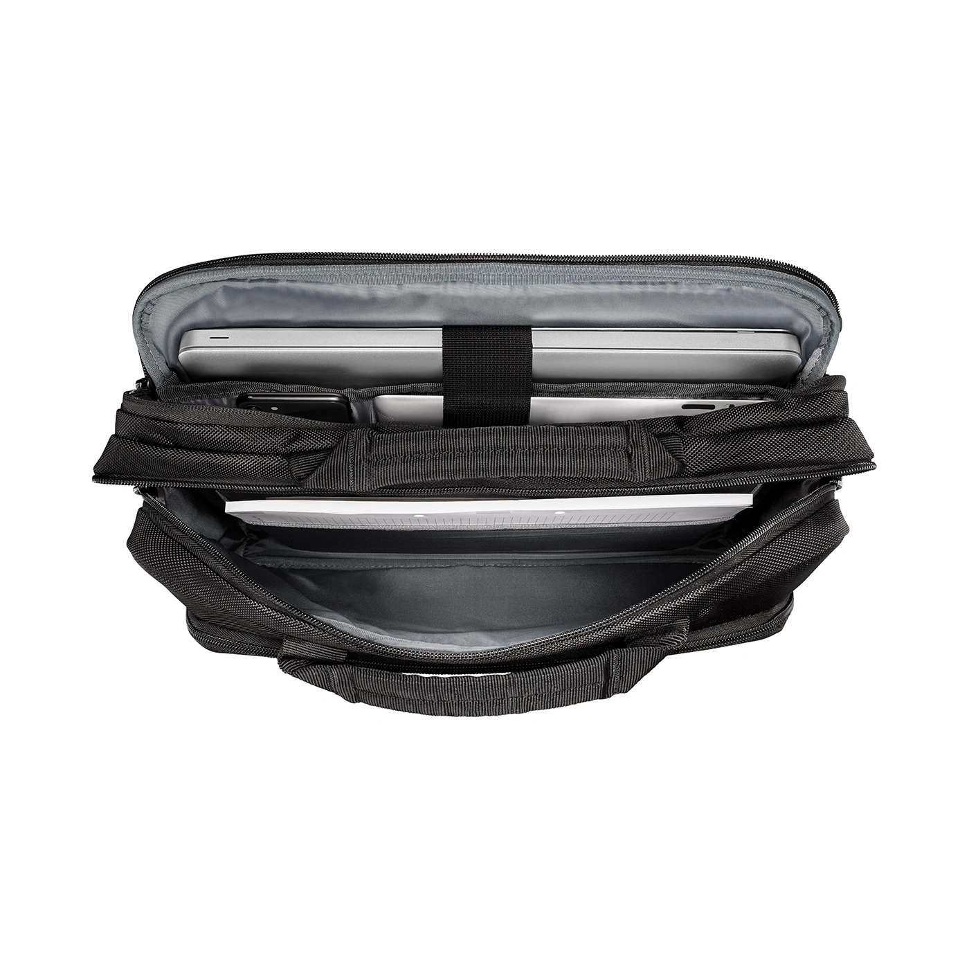 Black briefcase, open, with laptop and accessories, seen from above, isolated.