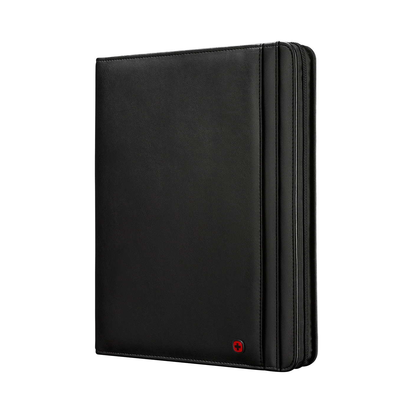 Black leather portfolio with zipper and red logo on a black background.