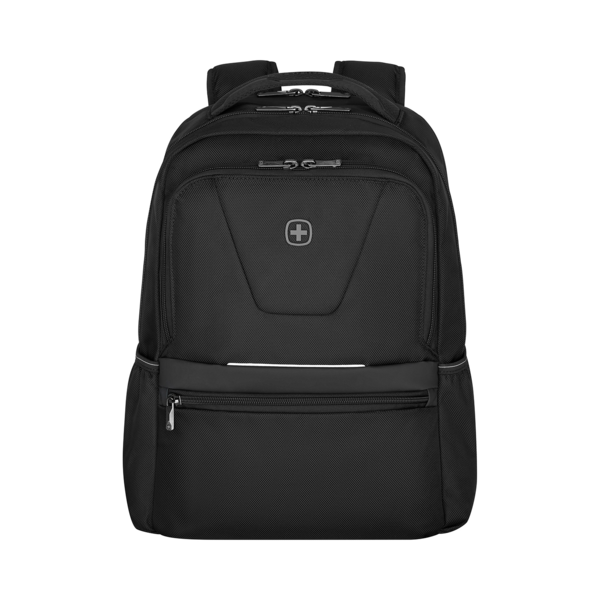Black backpack with zippers and logo on a black background, front view.