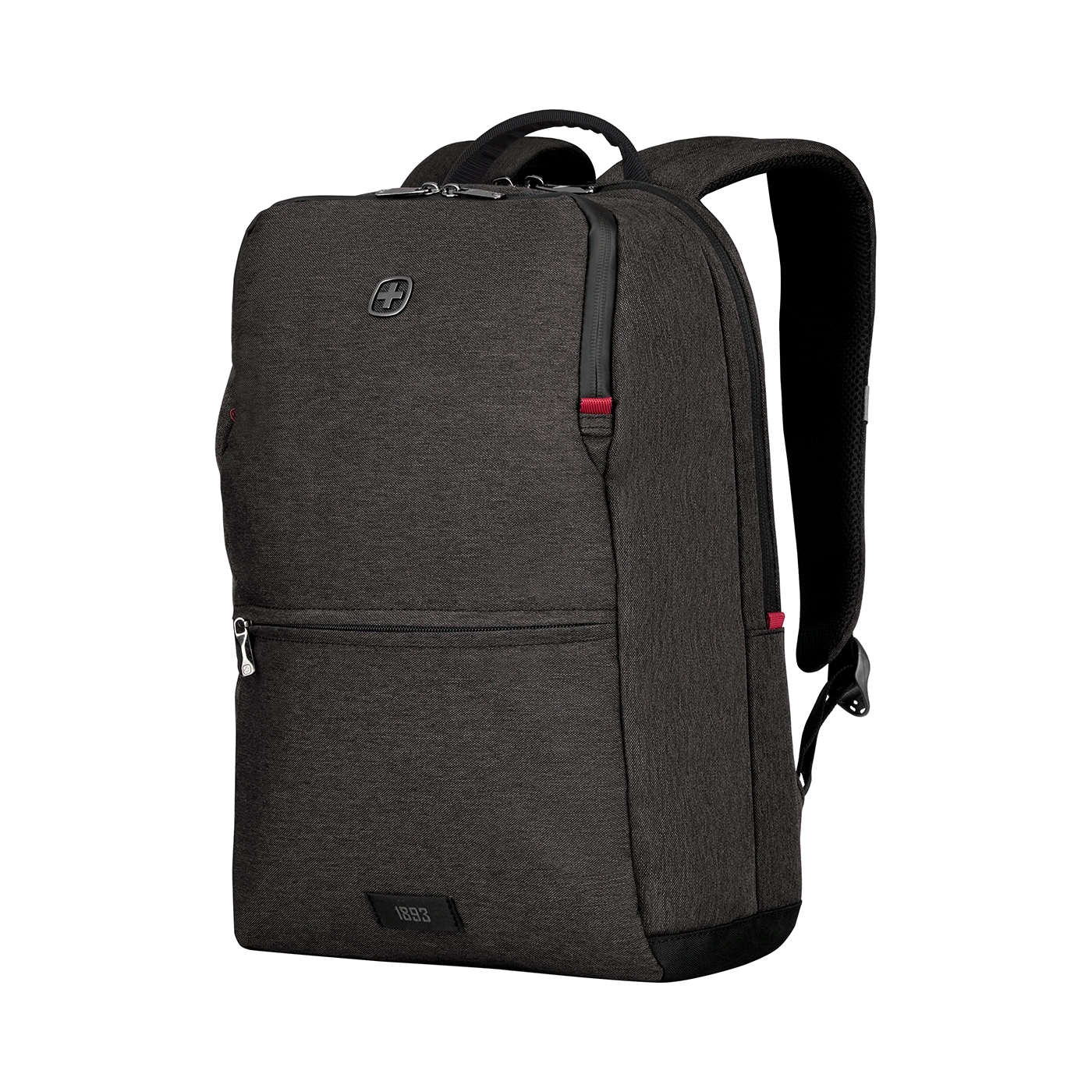 Dark gray backpack with zippers and red accent, Swiss cross logo, 1893