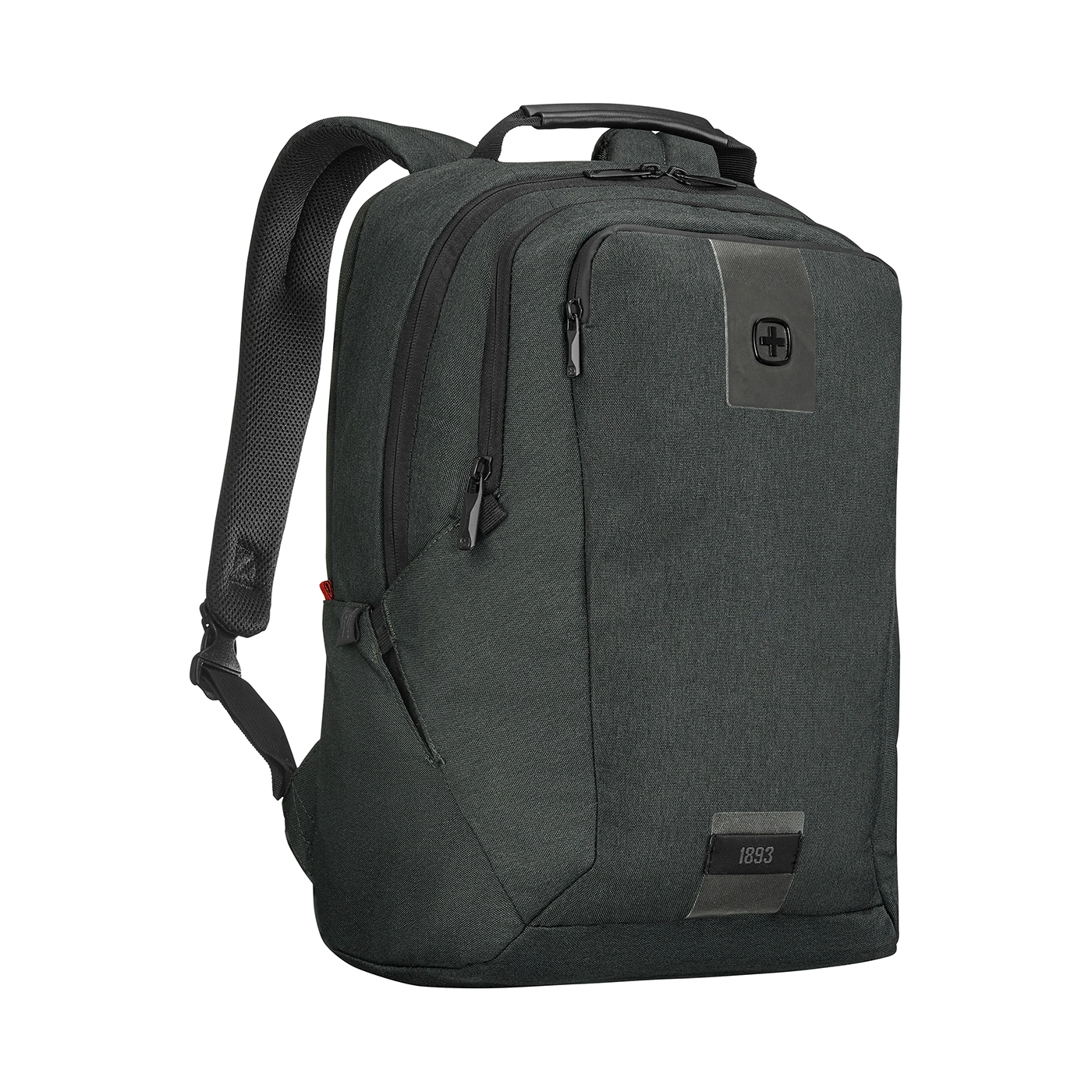 Dark gray backpack with zippers, logo, and the year 1893