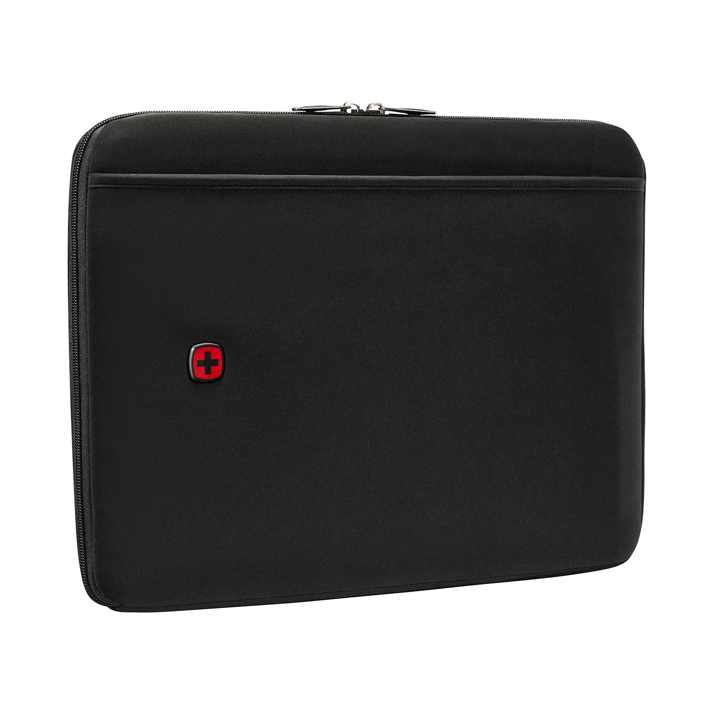 Schwarze Laptoptasche mit Reißverschluss und rotem Logo, isoliert auf weißem Hintergrund.