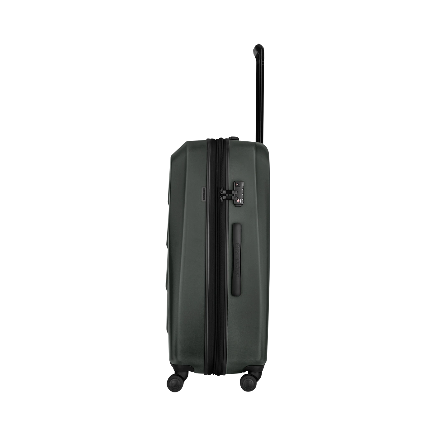 Dark green suitcase with handle and wheels, travel luggage.