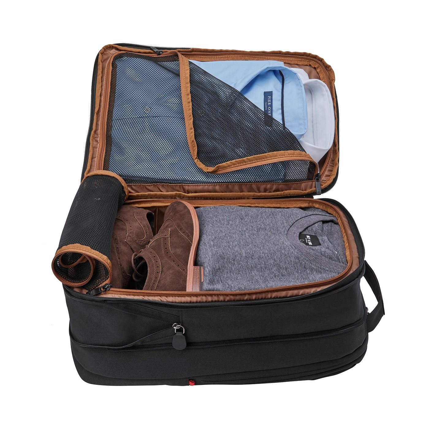 Black suitcase with clothes, shoes and zipper, open, brown details, travel bag
