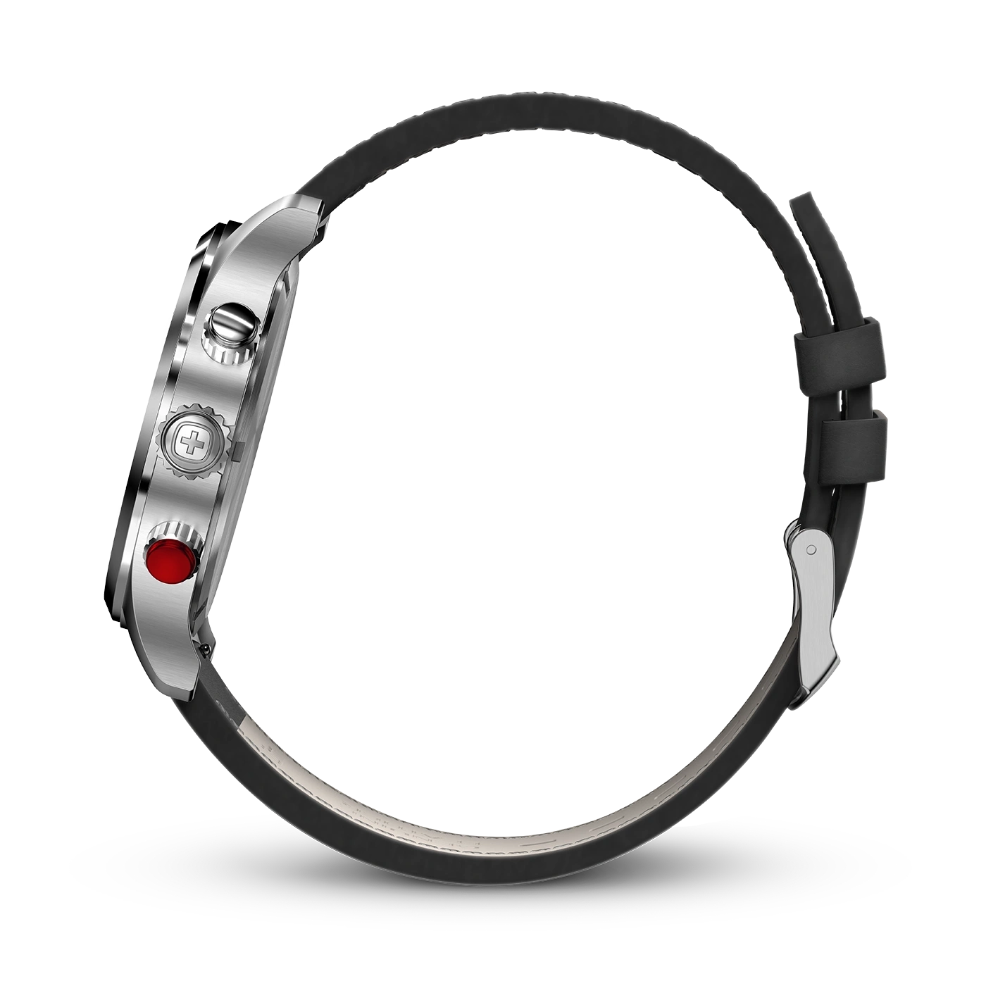Side view of a watch with a black strap and silver case
