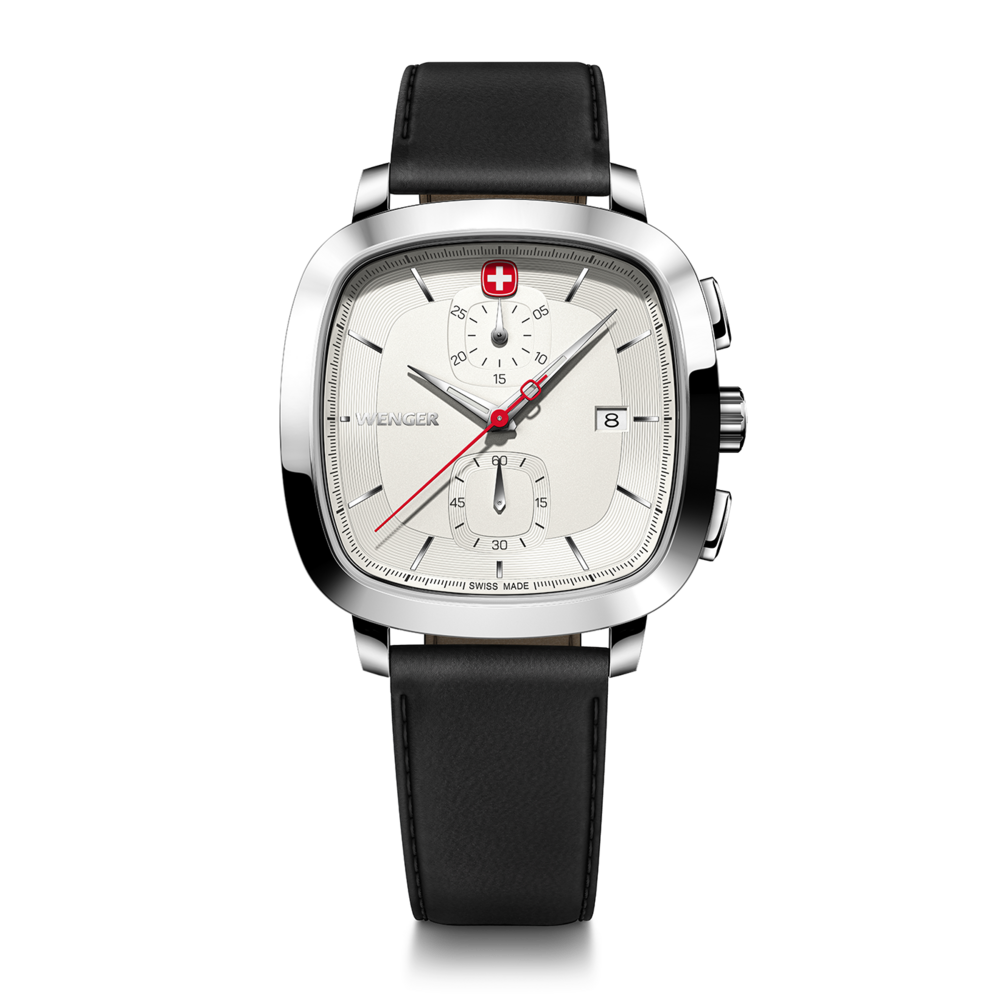 Wenger watch with black leather strap and white face, Swiss made design and style