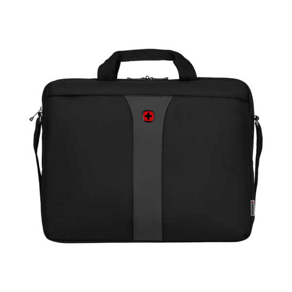 Black laptop bag with red cross and handle, brand Wenger.