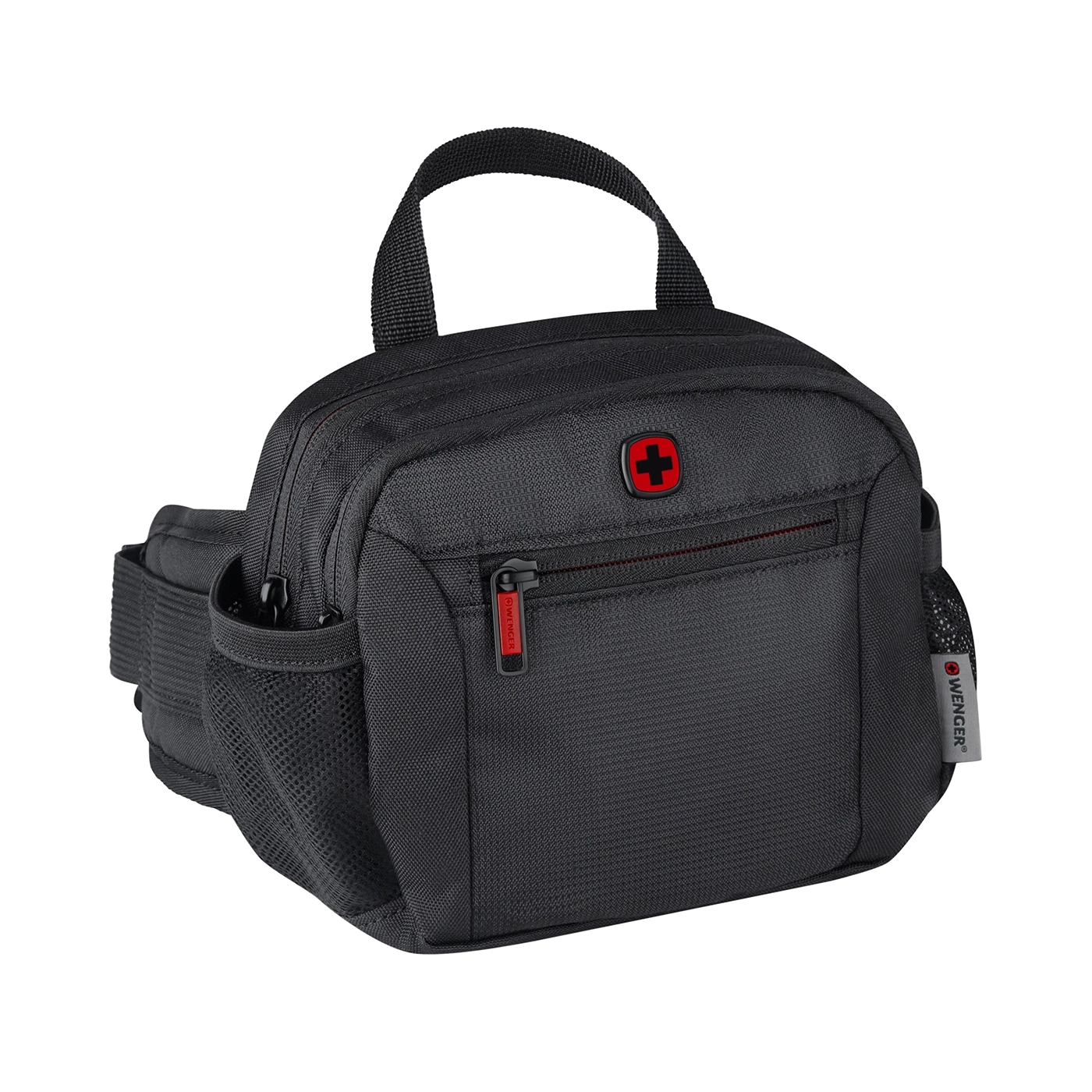 Black Wenger fanny pack with red cross and zippers, close-up shot on black background.