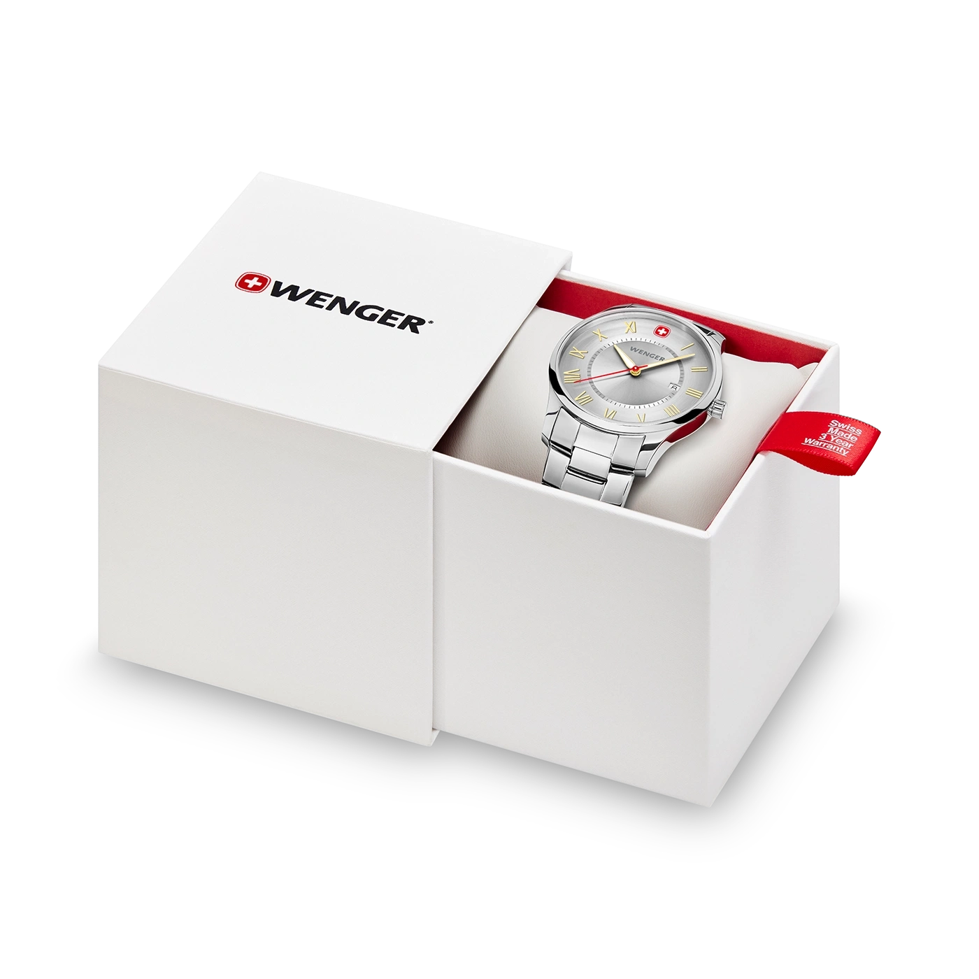 Wenger Uhr in einer weißen Box mit rotem Innenfutter und Garantie