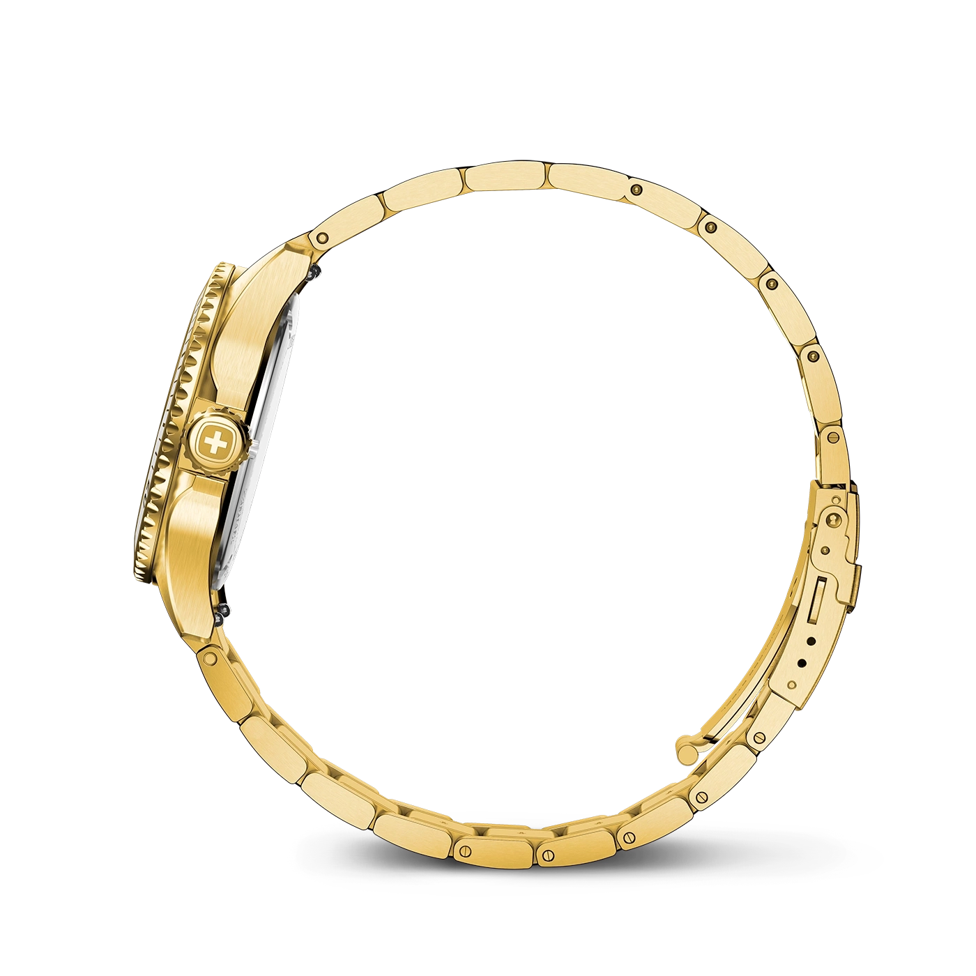 Gold watch with Swiss cross on the dial and bracelet