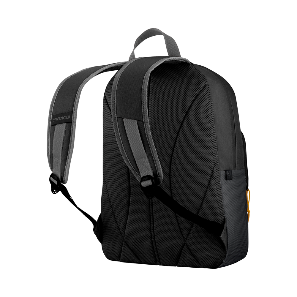 Black backpack with gray accents, viewed from the back, set against a black background.