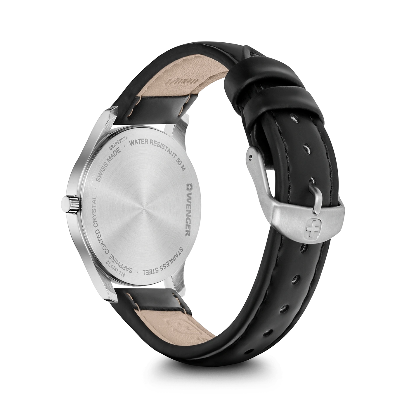 Wenger watch back, stainless steel, leather strap, water resistant, Swiss made, sapphire crystal