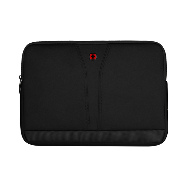 Black laptop sleeve with red cross logo and zipper, isolated on white
